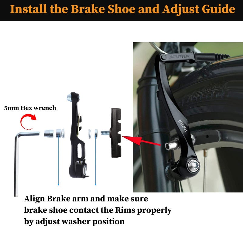 RUJOI Bike Brake kit V Type,110mm V-Brake Caliper,70mm Bike Brake Pads Set,Aluminum Bicycle Brake Lever,F/R Brake Housing and Cable, Brakes V Type Replacement Set for MTB, Road Bike,BMX,E Bike - Image 3